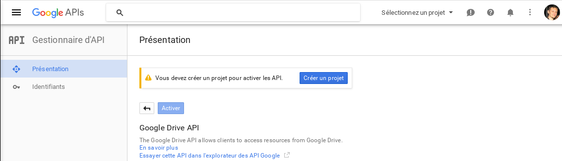 Écran de l'application Google Drive « Créer un projet ».