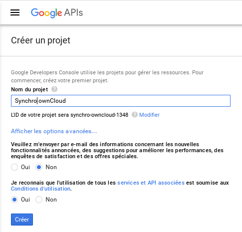 Écran de création de nouveau projet.