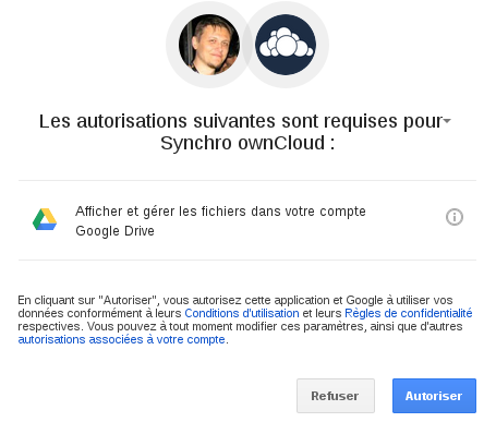 Page d'autorisation de Google Drive.