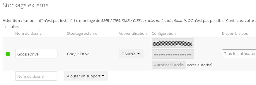 Drive Google monté dans ownCloud.